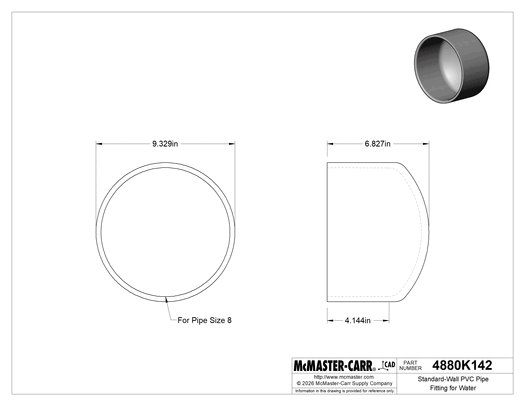 Technical drawing of Standard-Wall PVC Pipe Fitting for Water, Cap, White, 8 Pipe Size Socket-Connect Female.